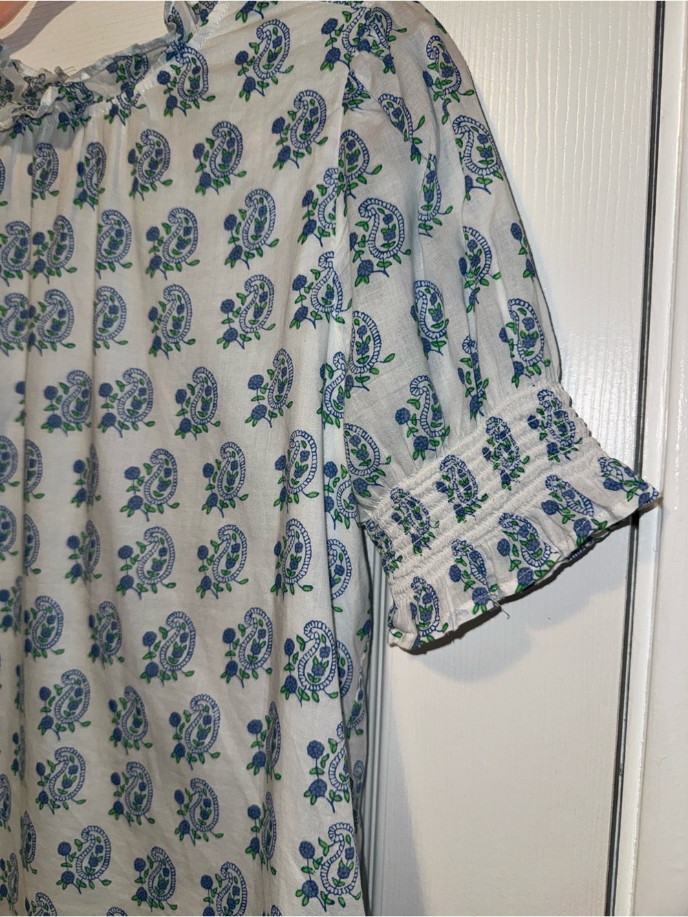 J. Crew White Blouse with Blue Floral Print and Ruffle Neck - Picture 4 of 8